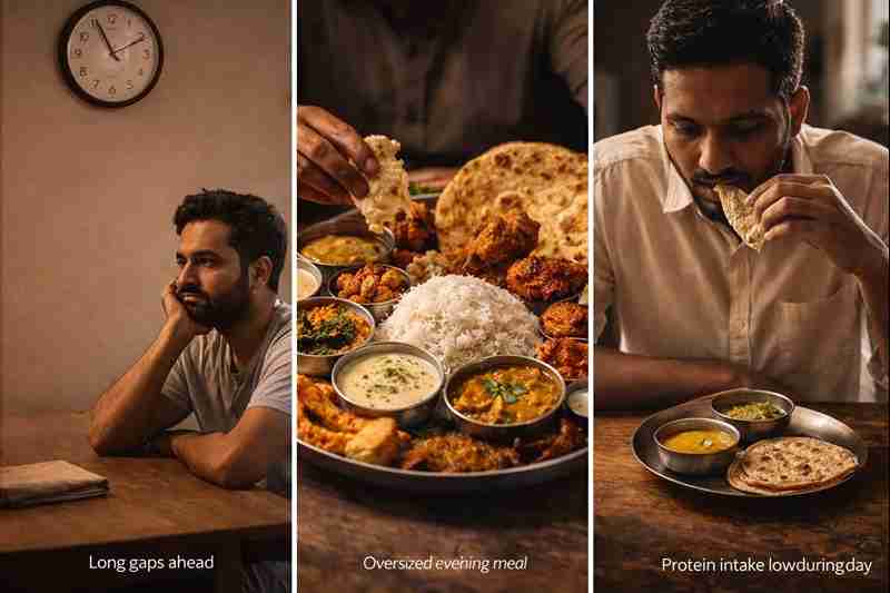Man looking at the clock, contemplating long gaps before dinner, with a traditional large evening meal.