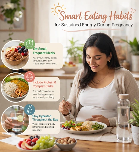 Pregnant woman sitting at a table eating a balanced meal with vegetables, rice, and nuts, highlighting smart eating habits and hydration for sustained energy.