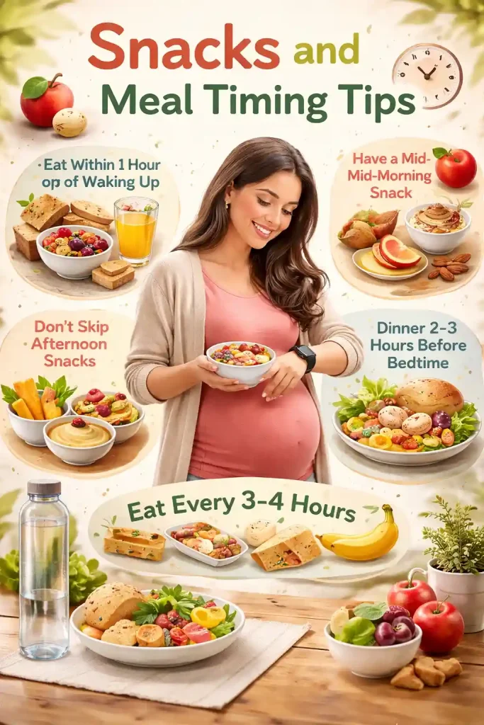 Pregnant woman smiling while holding a bowl of fruit and cereal, surrounded by meal timing tips for healthy snacking during pregnancy.