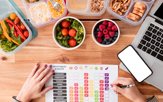 Hypothyroidism meal planning checklist with healthy food containers, fruits, vegetables, salads, and weekly nutrition tracking