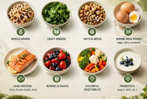 Healthy foods to eat for hypothyroidism, including whole grains, leafy greens, nuts, seeds, eggs, salmon, berries, vegetables, and probiotics