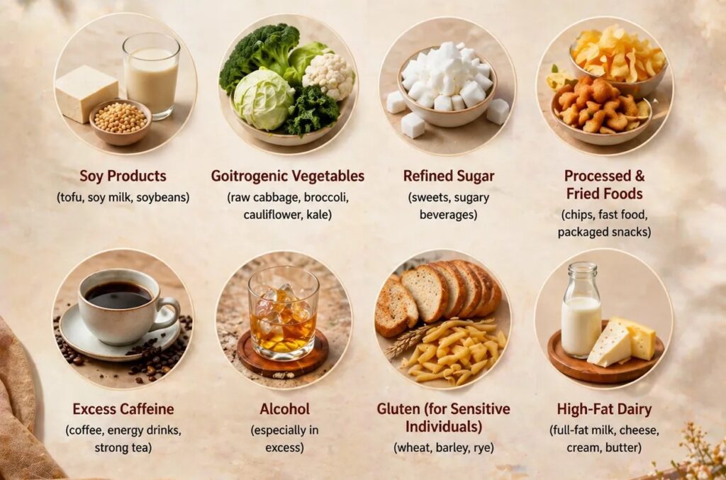 Foods to limit in a hypothyroidism diet, including soy products, refined sugar, caffeine, alcohol, fried foods, gluten, and high-fat dairy