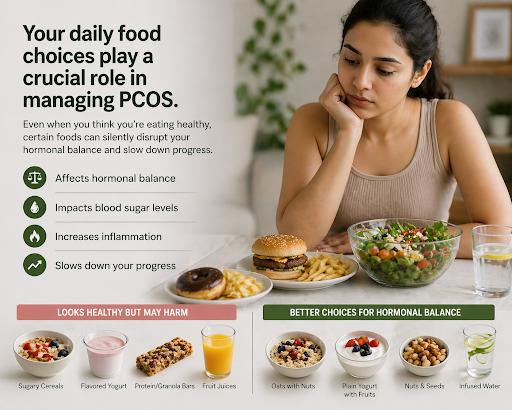 PCOS diet guide comparing foods that may affect hormones and blood sugar with healthier choices for hormonal balance