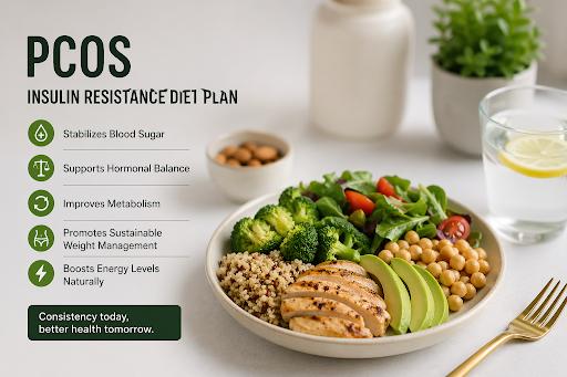 PCOS insulin resistance diet plan featuring a balanced meal with chicken, quinoa, broccoli, avocado, and chickpeas