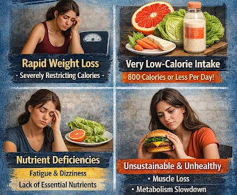 Crash diet infographic explaining rapid weight loss, very low calorie intake, nutrient deficiencies, muscle loss, and health risks of extreme dieting