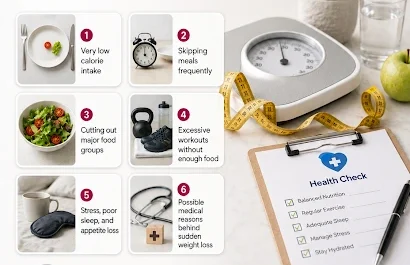 Infographic explaining common reasons for losing weight too fast, including low calorie intake, skipped meals, stress, overexercise and medical conditions