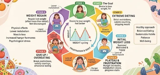 Yo-yo dieting cycle infographic showing weight loss and weight regain stages, extreme dieting effects, metabolism slowdown, and sustainable healthy eating approach