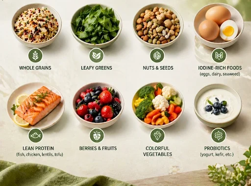 Healthy hypothyroidism diet foods including whole grains, leafy greens, iodine-rich foods, nuts, seeds, lean protein, berries, colorful vegetables, and probiotic foods for thyroid support