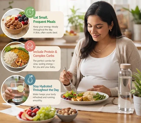 Pregnant woman eating a balanced meal beside pregnancy nutrition tips about frequent meals, protein, complex carbohydrates and hydration