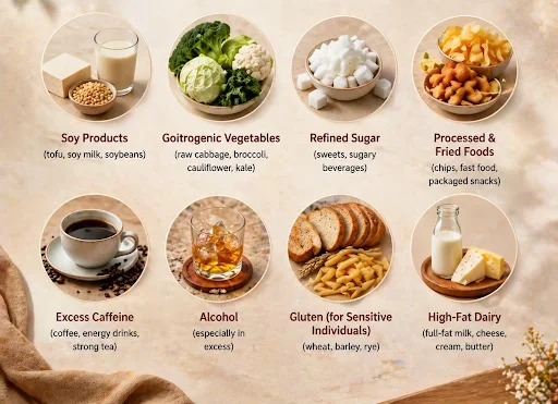 Foods to avoid in a hypothyroidism diet including soy products, goitrogenic vegetables, refined sugar, processed foods, excess caffeine, alcohol, gluten, and high-fat dairy products