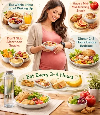 Pregnant woman holding a healthy meal beside snack and meal-timing tips, including eating within an hour of waking, having regular snacks and eating every three to four hours