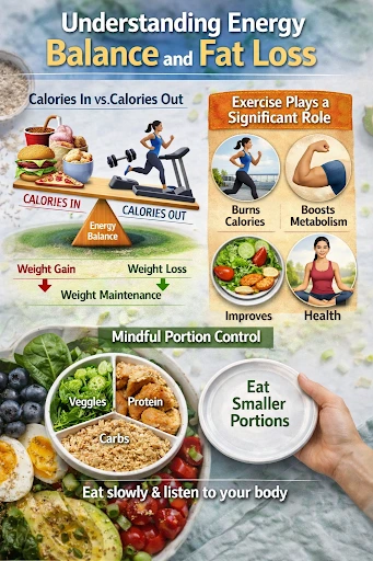Energy balance and fat loss infographic explaining calories in, calories out, exercise and portion control