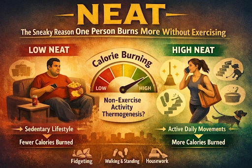 NEAT infographic comparing low and high non-exercise activity thermogenesis and daily calorie burning.