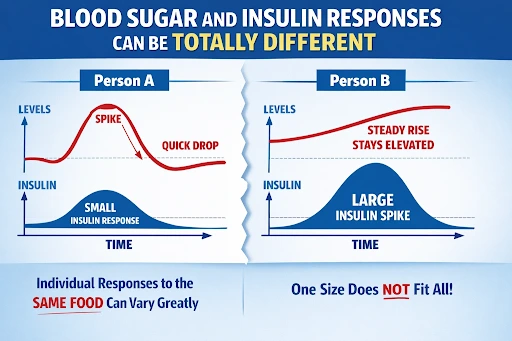 Blood sugar and insulin response infographic comparing how two people can react differently to the same food.