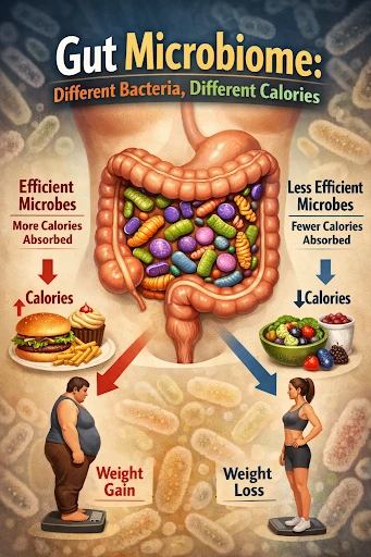 Gut microbiome infographic showing how different gut bacteria may influence calorie absorption, weight gain and weight loss.