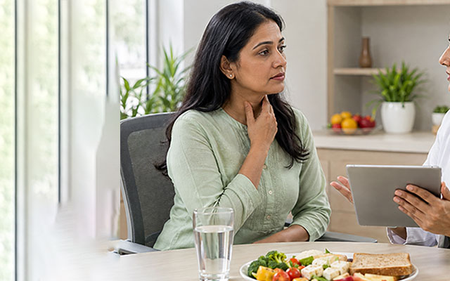 Female patient discussing thyroid and nutrition concerns with a dietitian during a personalized diet consultation with healthy food on the table