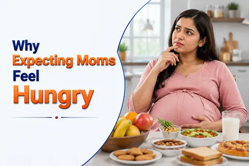 Why expecting mothers feel hungry during pregnancy with a pregnant woman surrounded by healthy and snack food choices