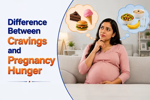 Difference between pregnancy cravings and hunger showing a pregnant woman choosing between unhealthy cravings and nutritious food options