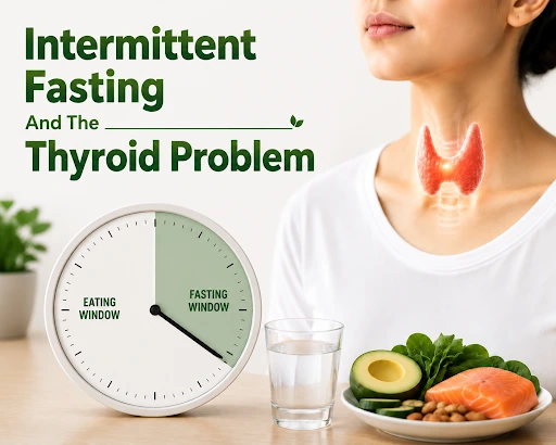 Intermittent fasting and thyroid health concept showing thyroid gland awareness, fasting window clock, and nutritious foods for thyroid-friendly diet planning