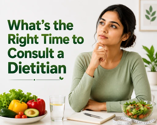 Woman consulting about healthy nutrition choices with fruits, vegetables, salad, and wellness foods while learning when to consult a dietitian for personalized diet guidance