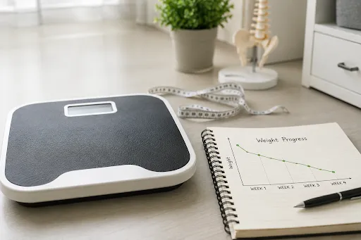 Digital weighing scale and weight progress chart showing gradual weight loss tracking
