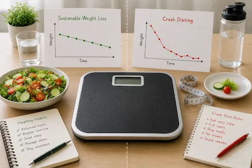 Comparison between sustainable weight loss and crash dieting with healthy food, weighing scale and progress charts