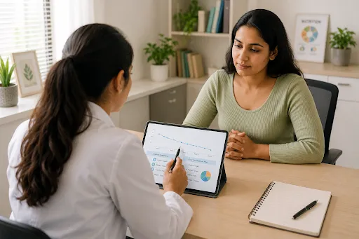 Woman discussing weight management goals with a dietitian during a nutrition consultation