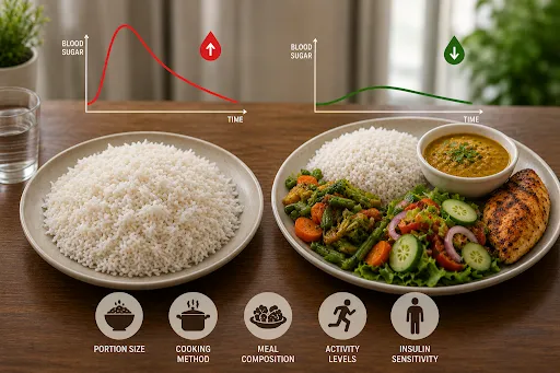 Brown rice and white rice comparison showing blood sugar response and healthy meal choices for diabetes management