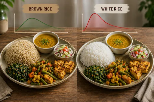 Brown rice and white rice meal comparison with vegetables showing healthier food choices for blood sugar control