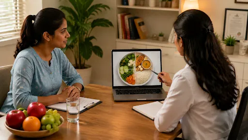 Indian woman consulting a nutritionist about a balanced diet plan and healthy eating habits
