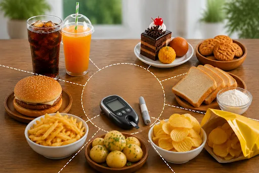 Foods affecting blood sugar levels including sugary drinks, fast food and processed snacks linked to diabetes risk