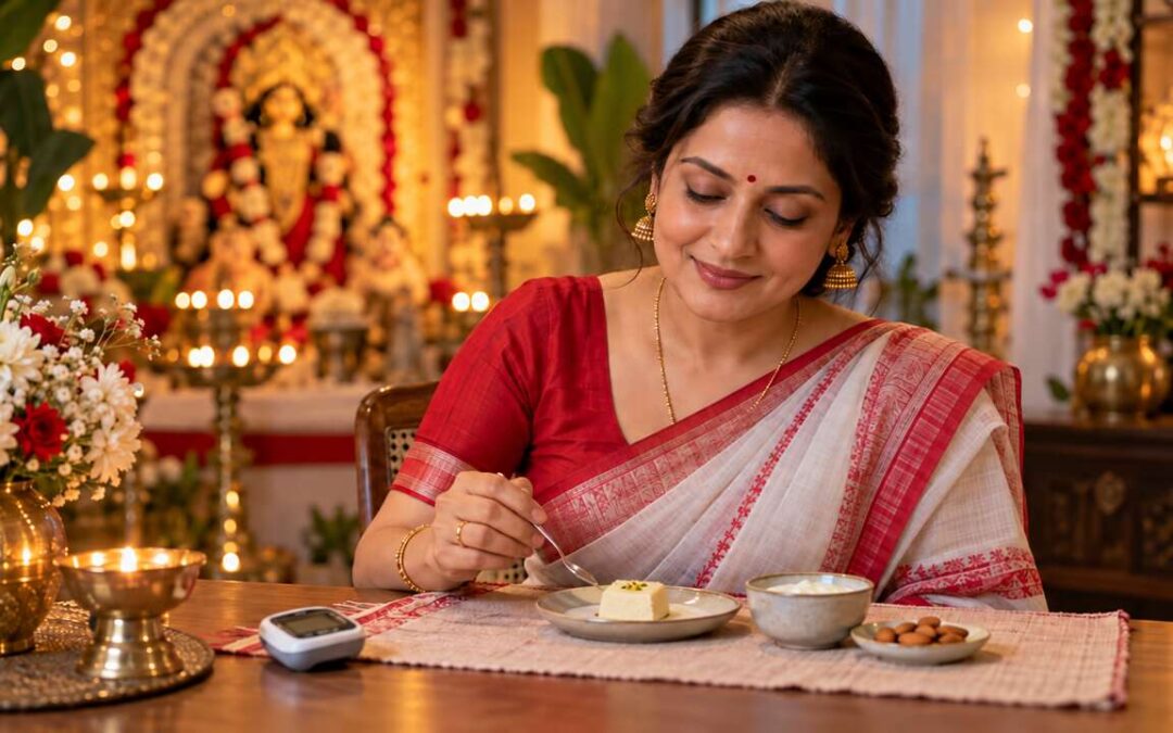 Indian woman in a traditional saree enjoying a small portion of Bengali sweets during Durga Puja, with a glucometer on the table.