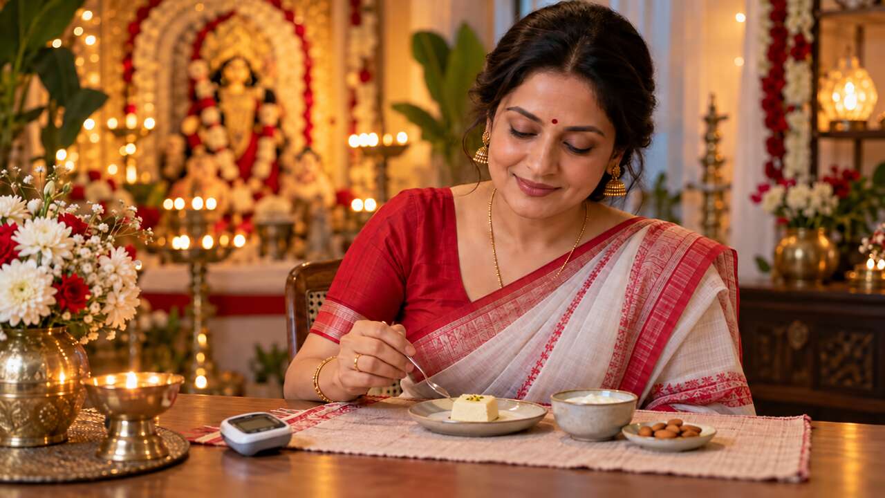 Indian woman in a traditional saree enjoying a small portion of Bengali sweets during Durga Puja, with a glucometer on the table.