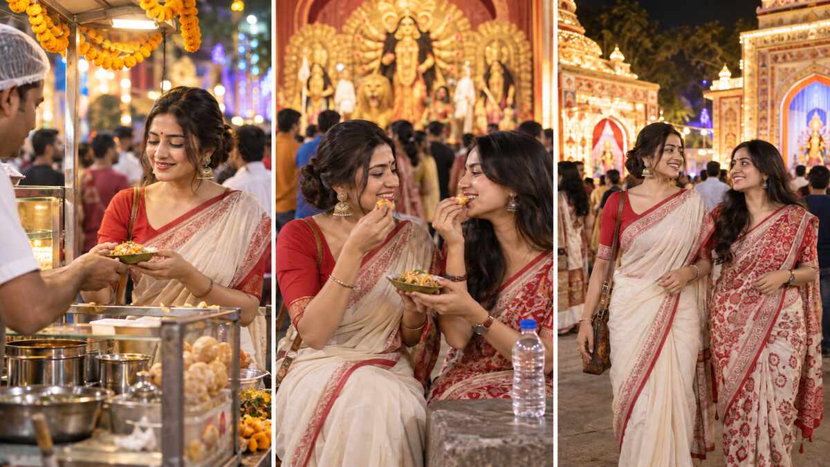 Two Indian women enjoying street food together at Durga Puja pandals in Kolkata while celebrating the festival. Two Indian women enjoying street food together at Durga Puja pandals in Kolkata while celebrating the festival.