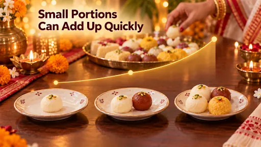 Bengali sweets served in increasing portions, showing how small servings can add up quickly during festivals.