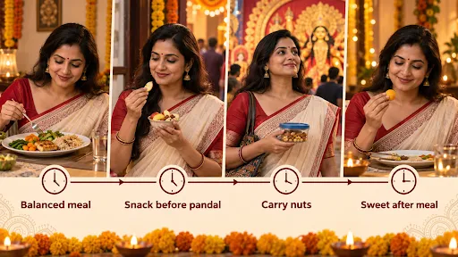 Four healthy festive eating habits, including balanced meals, snacks before pandal hopping, nuts, and sweets after meals.