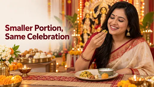 Indian woman enjoying festive food in moderation during Durga Puja celebrations.