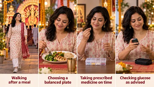 Indian woman following healthy diabetes management habits during Durga Puja, including walking after meals, choosing balanced food, taking prescribed medication on time, and checking blood glucose levels.